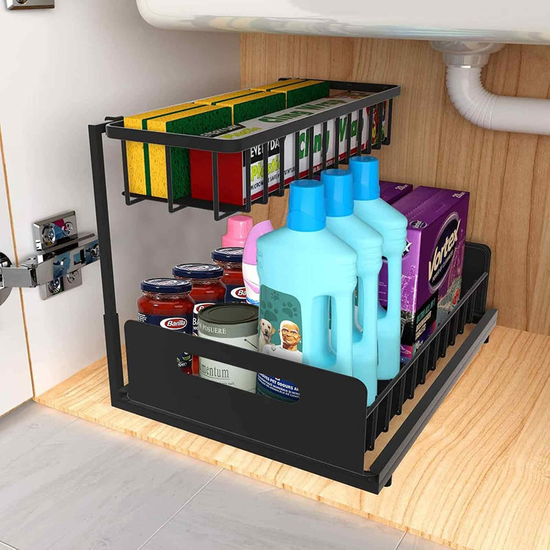 2 Tier Under Sink Organiser with Sliding Drawers - Black - main product image