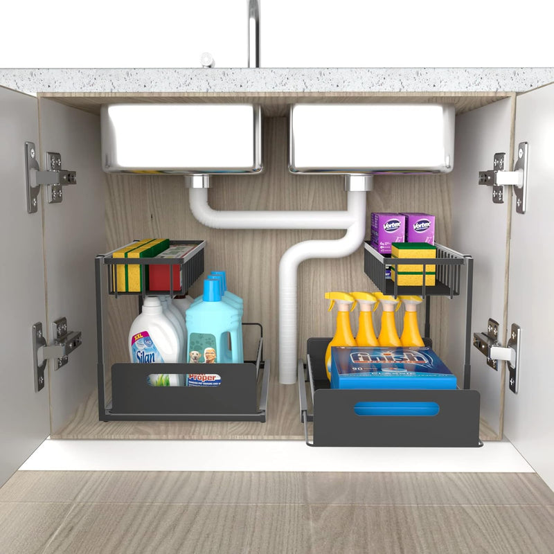 2 Tier Under Sink Organiser with Sliding Drawers - Black - alternate angle