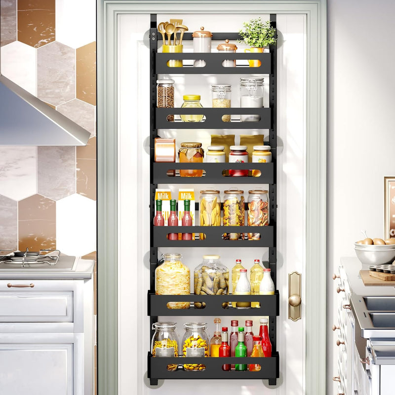 6 Tier Over Door Pantry Organiser with Adjustable Baskets, Black - main product image