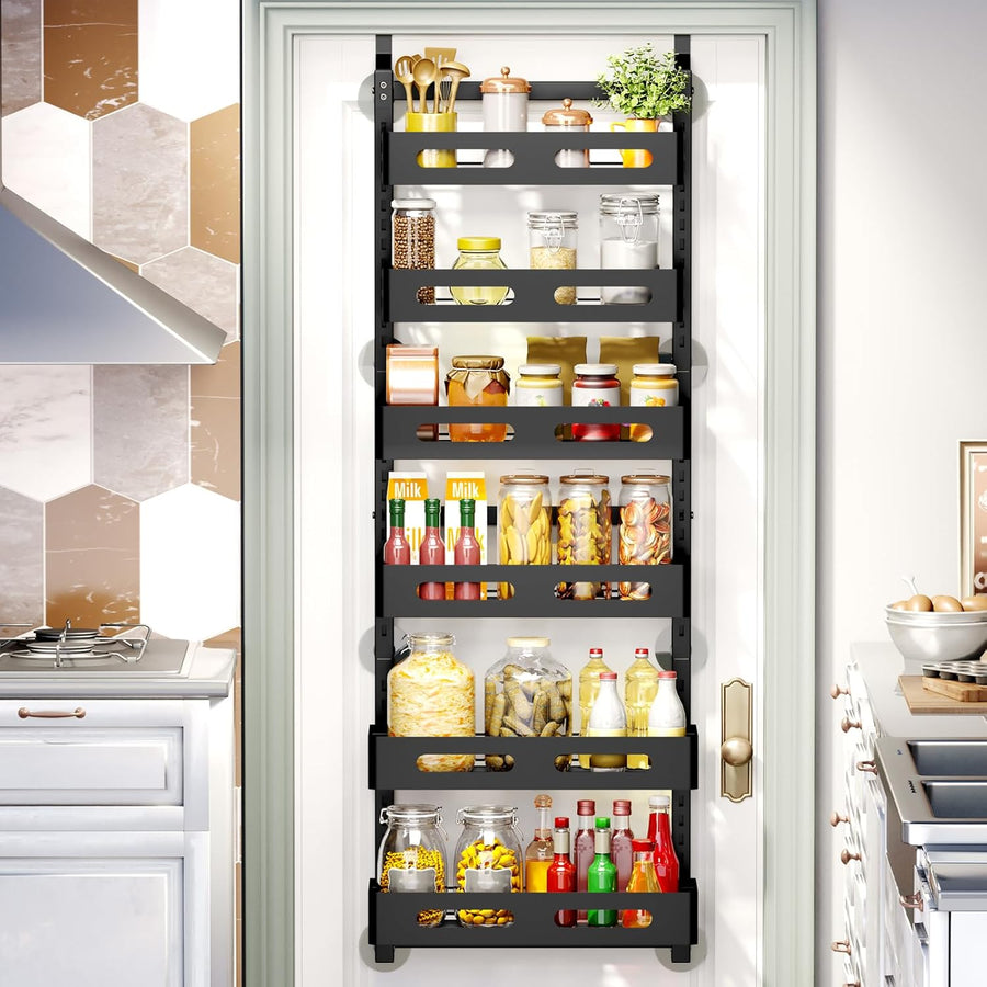 6 Tier Over Door Pantry Organiser with Adjustable Baskets, Black - main product image