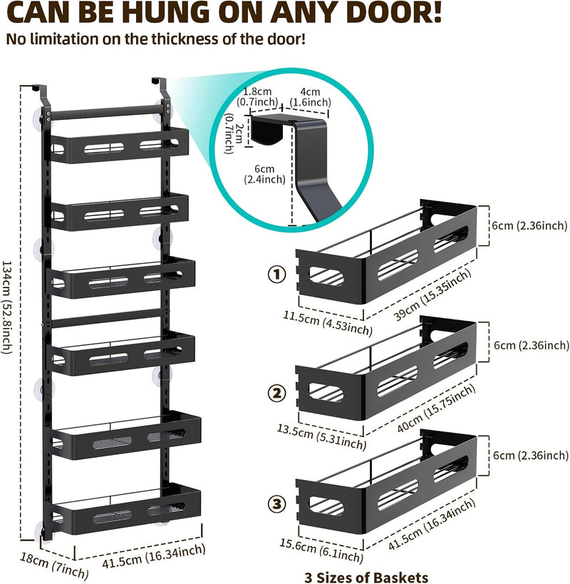 6 Tier Over Door Pantry Organiser with Adjustable Baskets, Black - alternate angle
