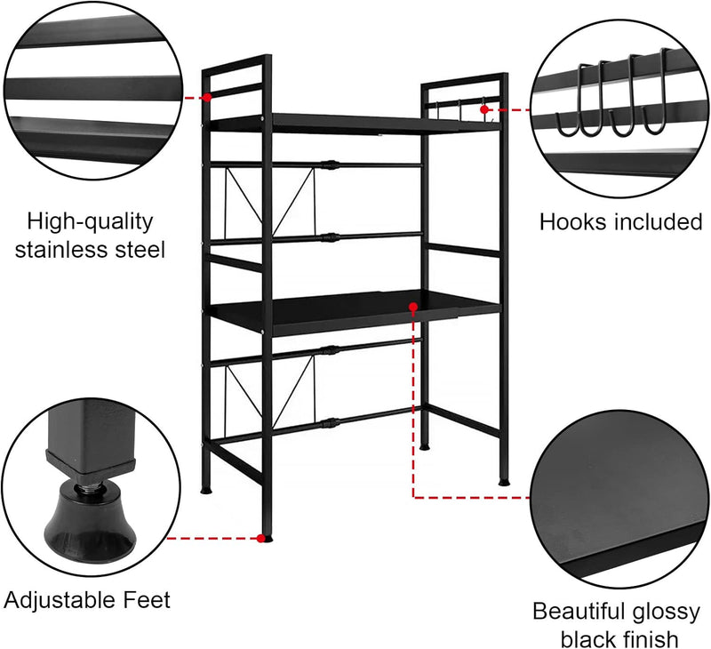 3-Tier Microwave Oven Rack Adjustable Metal Shelf Stand, Black - size and scale view
