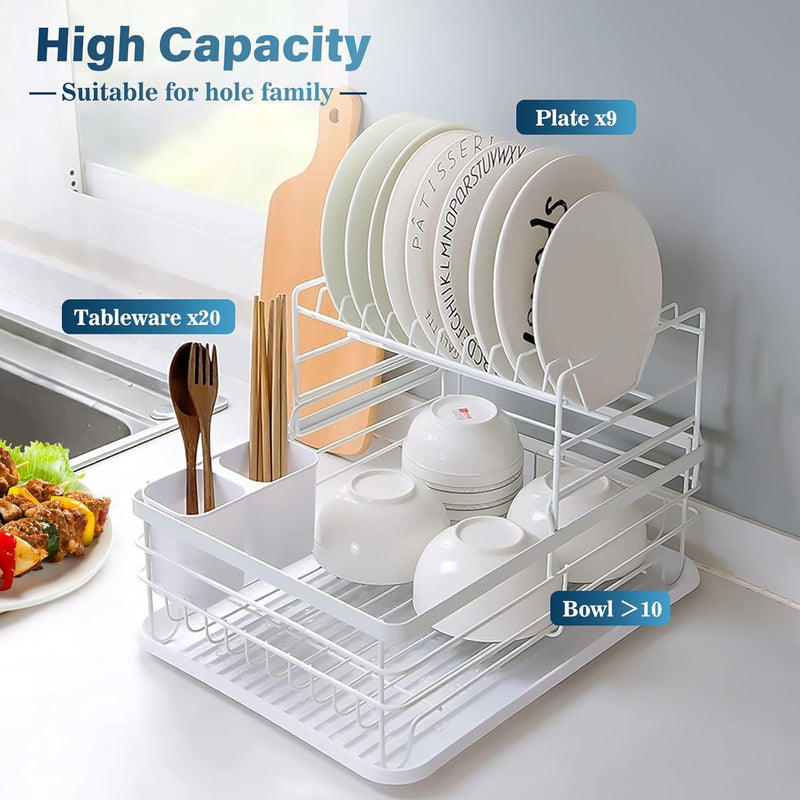 2-Tier Dish Drying Rack with Removable Drip Tray for Kitchen Counter, White - detail view