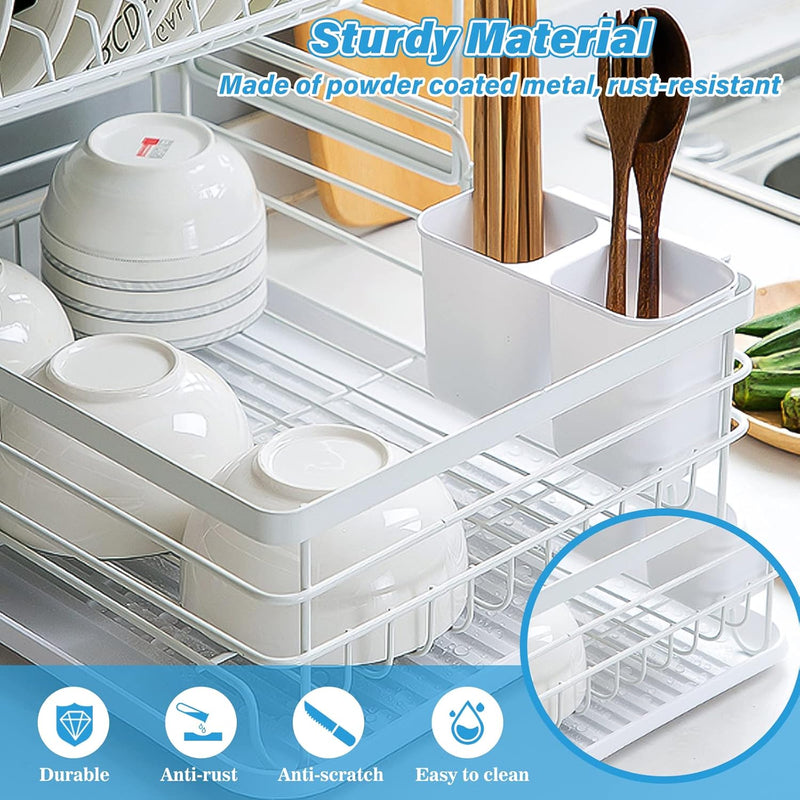 2-Tier Dish Drying Rack with Removable Drip Tray for Kitchen Counter, White - size and scale view