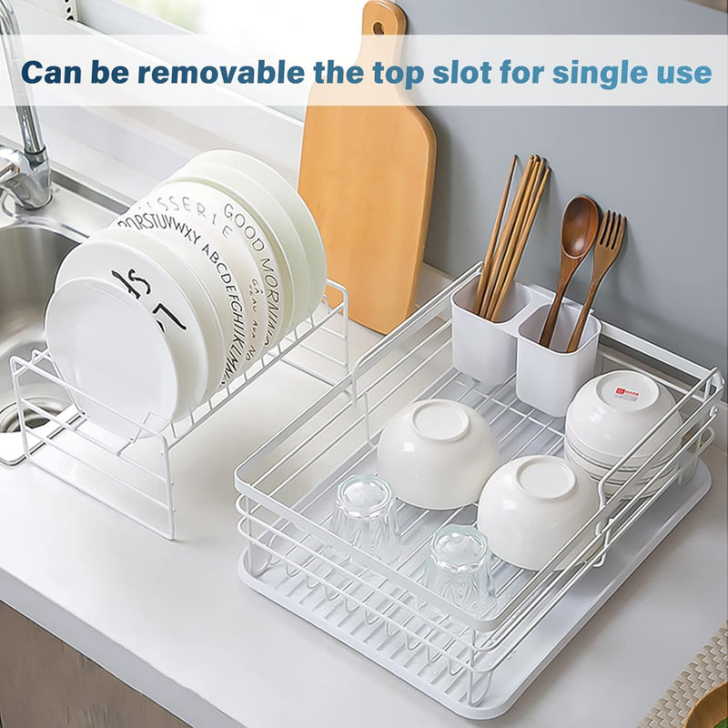 2-Tier Dish Drying Rack with Removable Drip Tray for Kitchen Counter, White - additional product view