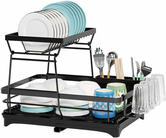 2-Tier Dish Drying Rack for Kitchen Counter with Drainboard & Utensil Holder, Black - main product image