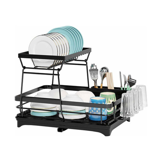 2-Tier Kitchen Counter Dish Rack with Drainboard & Utensil Holder, Black - main product image