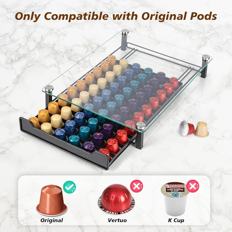 Coffee Pod Holder Drawer with Tempered Glass Top, Black - alternate angle