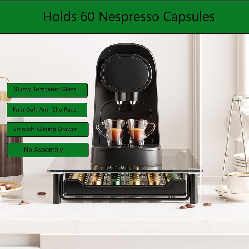 Coffee Pod Holder Drawer with Tempered Glass Top, Black - detail view