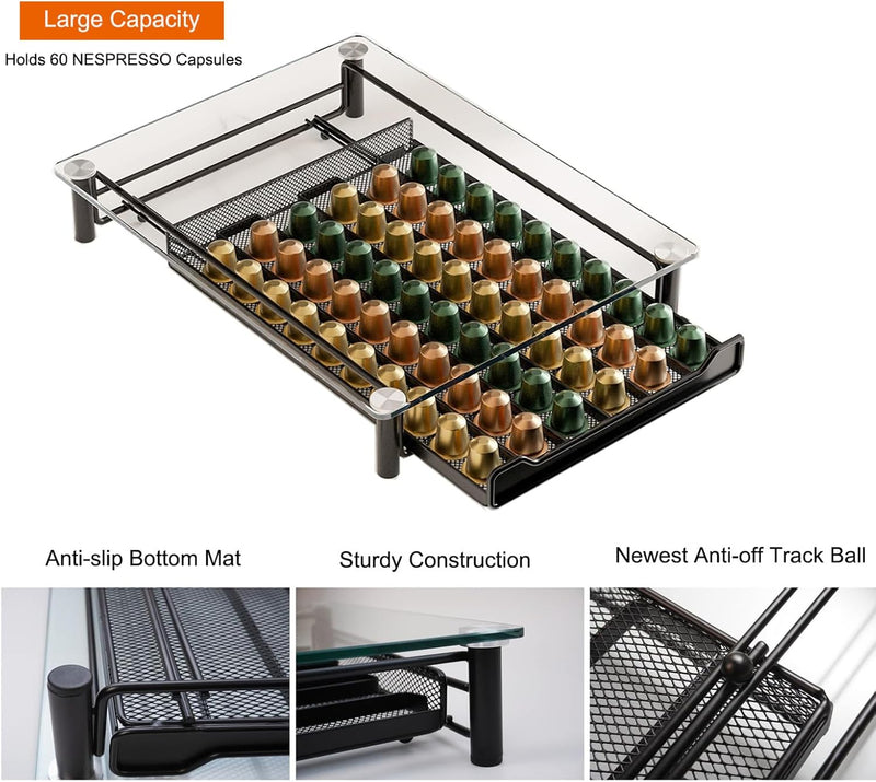 Coffee Pod Holder Drawer with Tempered Glass Top, Black - size and scale view