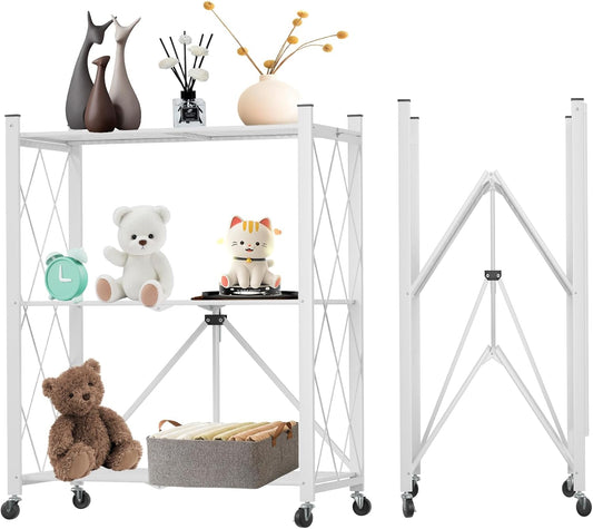 3-Tier Foldable Storage Shelf with Wheels for Kitchen, White - main product image