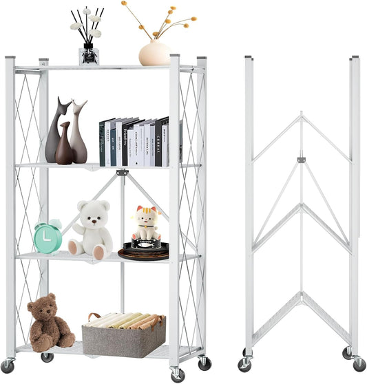 4-Tier Foldable Storage Shelf with Wheels for Kitchen, White - main product image