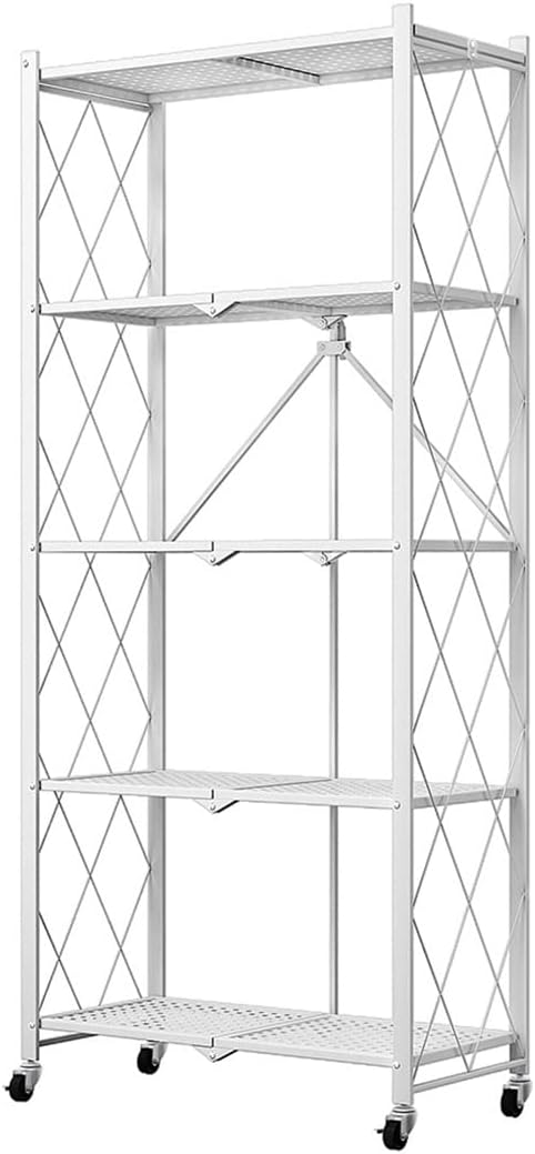 5-Tier Foldable Storage Shelf with Wheels for Kitchen, White - main product image