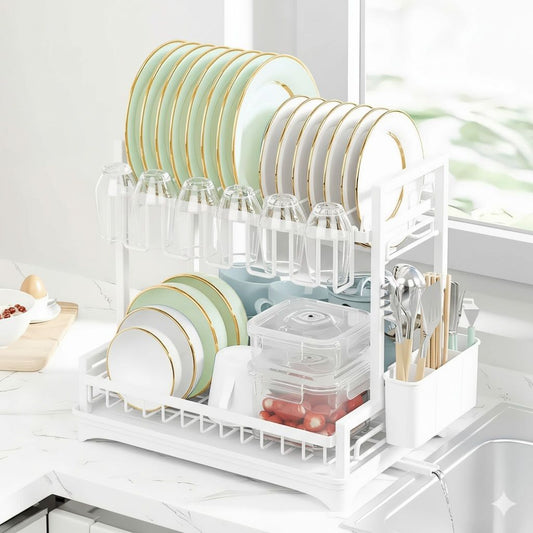 2 Tier Dish Drying Rack with Drainboard for Kitchen, White - main product image