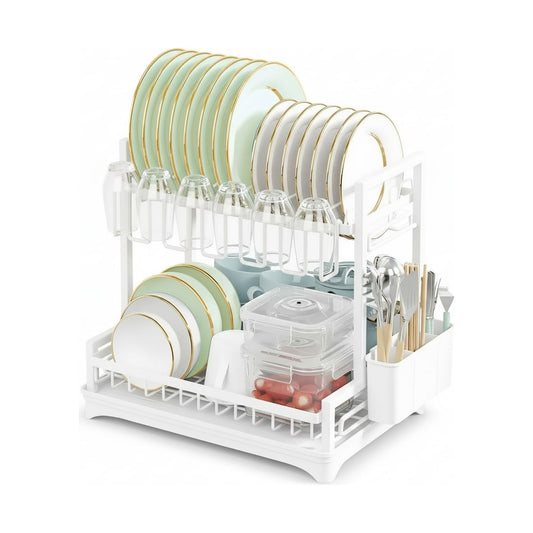 2 Tier Dish Drying Rack with Drainboard for Kitchen, White - main product image