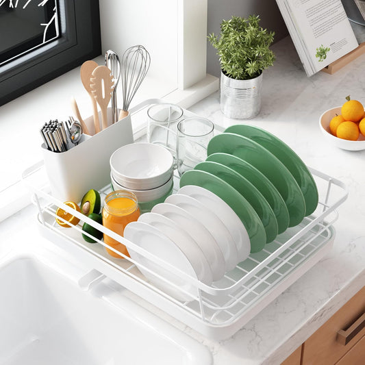 Dish Drying Rack for Kitchen Counter with Removable Drip Tray and Utensil Holder, White - main product image