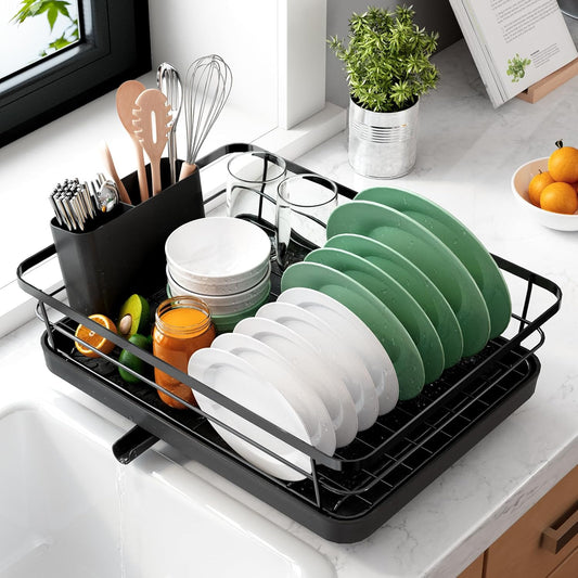 Dish Drying Rack for Kitchen Counter with Removable Drip Tray and Utensil Holder, Black - main product image