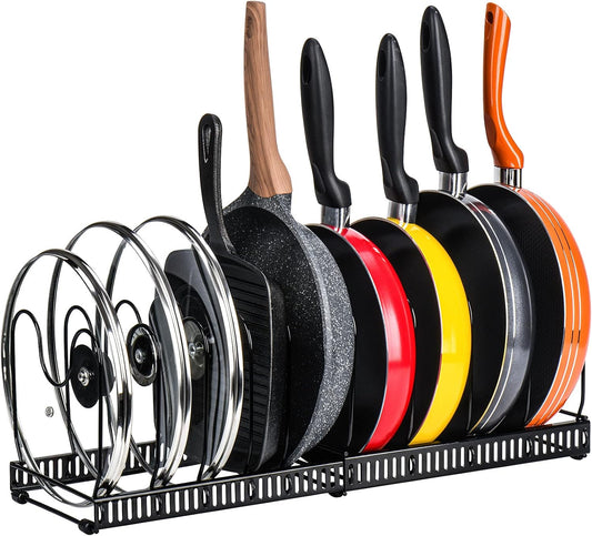 Expandable Pot Pan Organizer Rack with 10 Adjustable Dividers for Kitchen Storage, Black - main product image