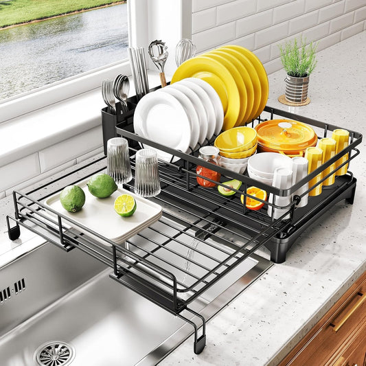 Expandable Dish Drying Rack with Utensil Holder & Drainage, Black - main product image