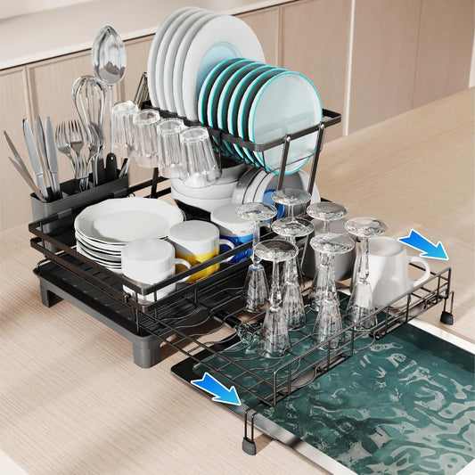 2-Tier Expandable Dish Drying Rack with Drainage Spout, Black - main product image