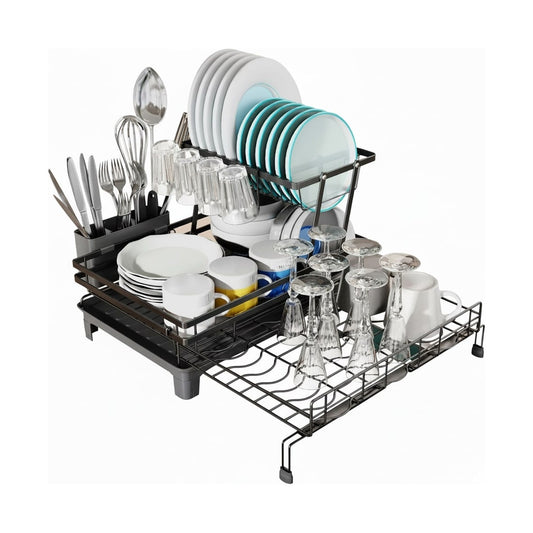 2-Tier Expandable Dish Drying Rack with Drainage Spout, Black - main product image