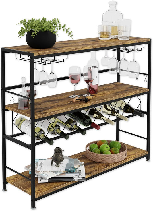 Freestanding Wine Rack with Glass Holder - 4 Tier Metal and Wood, Brown - main product image