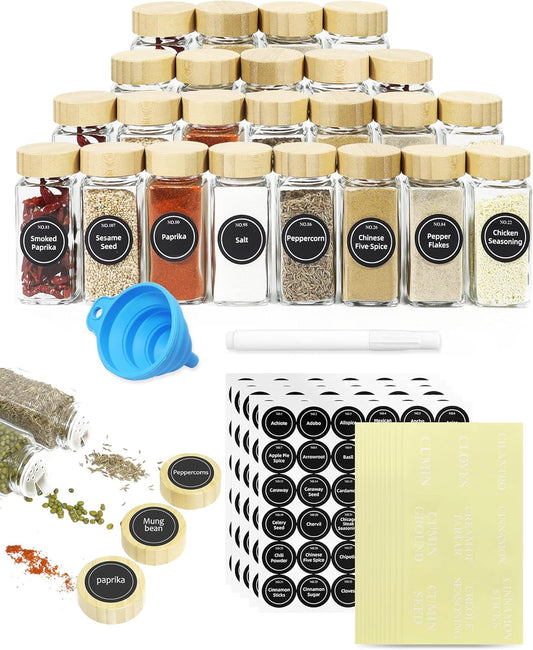 24 Glass Spice Jars with Bamboo Lids - 180 Spice Labels & Funnel, Brown - main product image