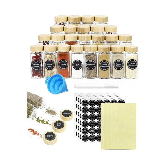24 Glass Spice Jars with Bamboo Lids - 180 Spice Labels & Funnel, Brown - main product image