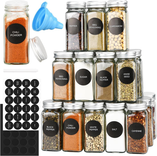24 Glass Spice Jars with Metal Lids - 180 Spice Labels & Funnel, Silver - main product image