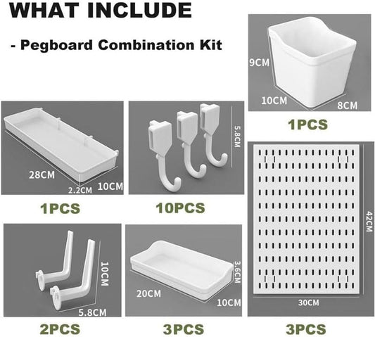 Modular Pegboard Wall Organiser Kit with 3 Panels and 17 Accessories - White - alternate angle