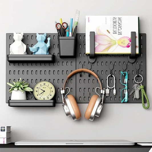 Modular Pegboard Wall Organiser Kit with Accessories for Home Office and Gaming Setup, Black - main product image