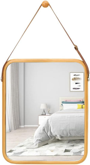 Hanging Wall Mirror with Bamboo Frame and Adjustable Strap