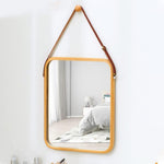 Hanging Wall Mirror with Bamboo Frame and Adjustable Strap, Brown - detail view