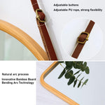 Hanging Wall Mirror with Bamboo Frame and Adjustable Strap, Brown - size and scale view