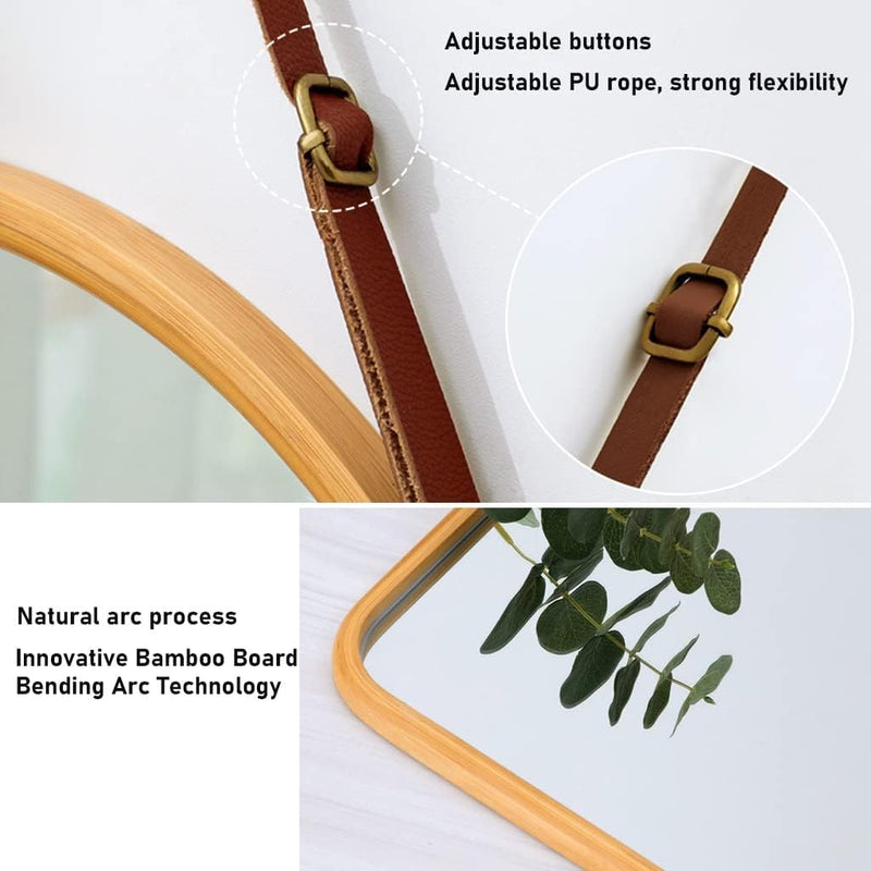 Hanging Wall Mirror with Bamboo Frame and Adjustable Strap, Brown - size and scale view