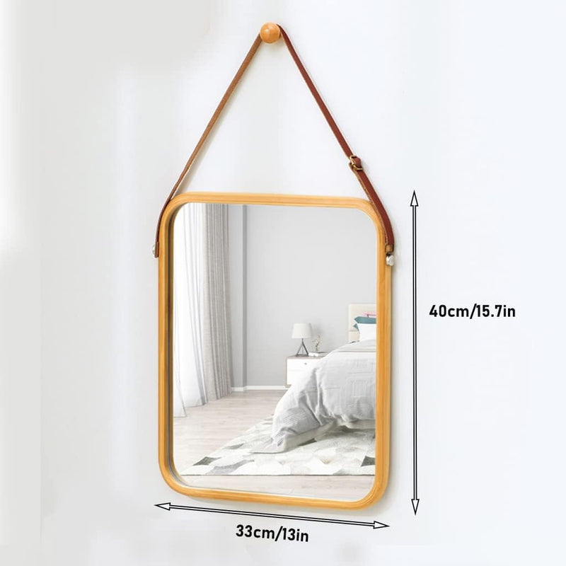 Hanging Wall Mirror with Bamboo Frame and Adjustable Strap