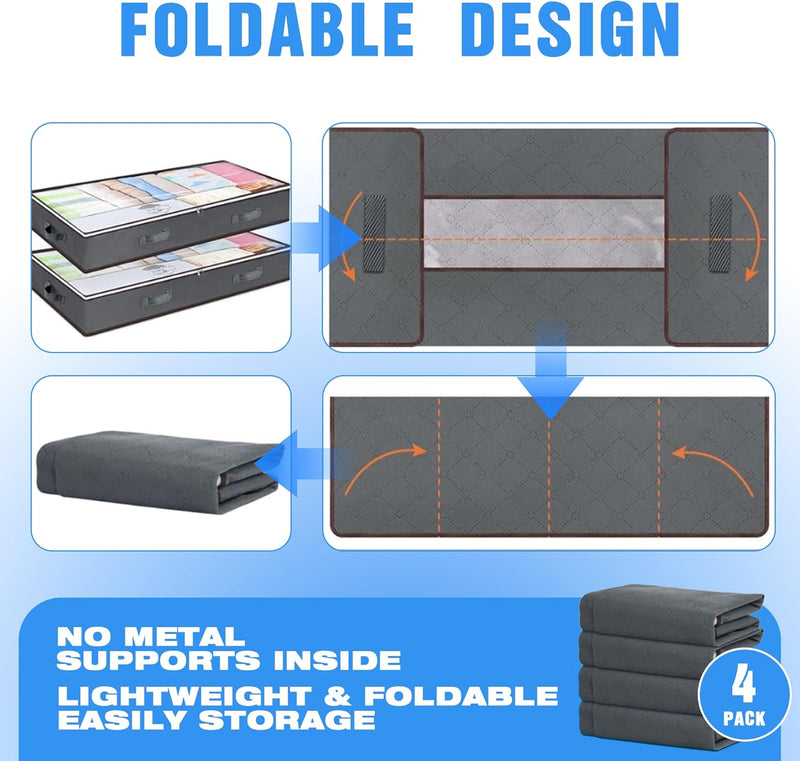 4 Pack Underbed Storage Bins with 90L Capacity for Blankets & Towels, Grey - size and scale view