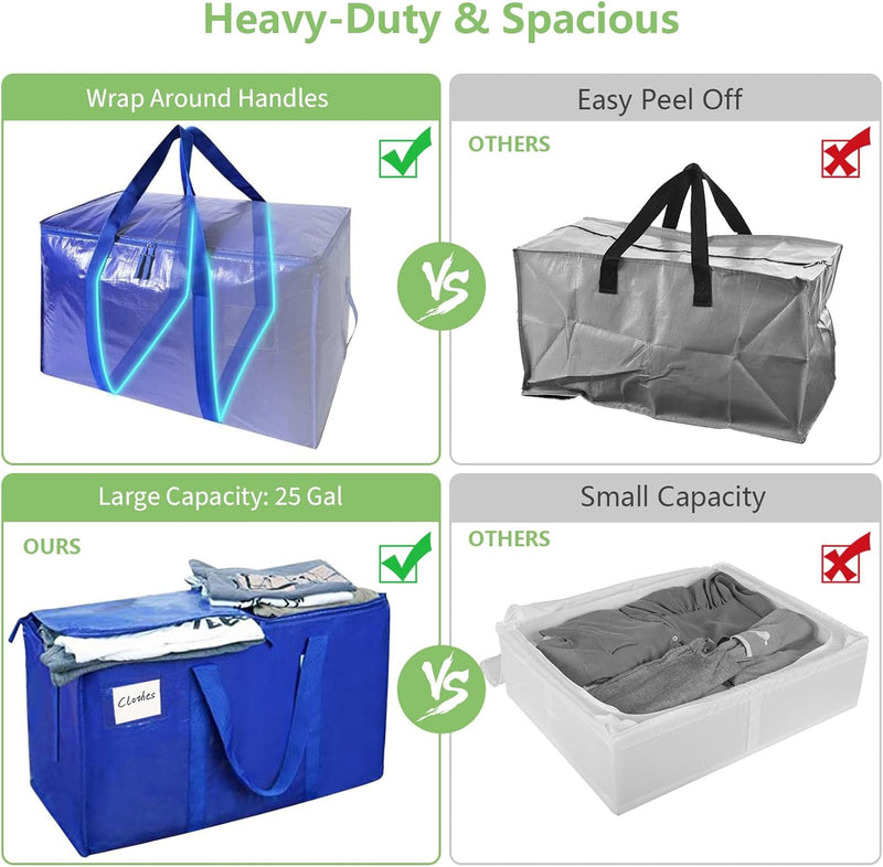 6-Pack Large Moving Storage Bags with Zippers and Handles, Blue - size and scale view