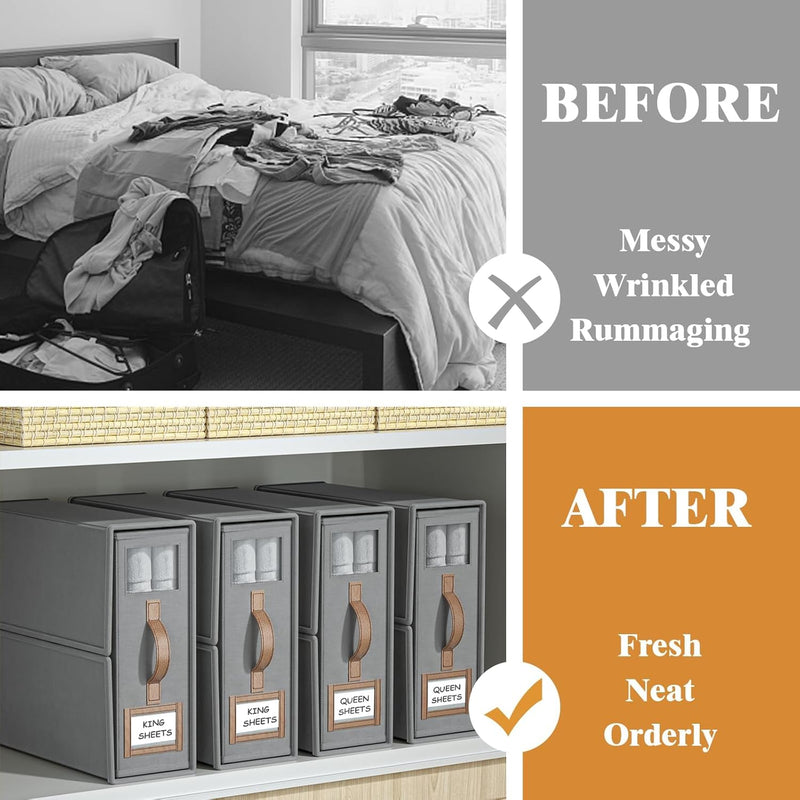 Bed Sheet Organizer Set of 4 with Handle & Window for Bedding Storage, Grey - detail view