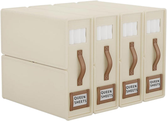 Bed Sheet Organizer Set of 4 with Handle & Window for Bedding Storage, Beige - main product image