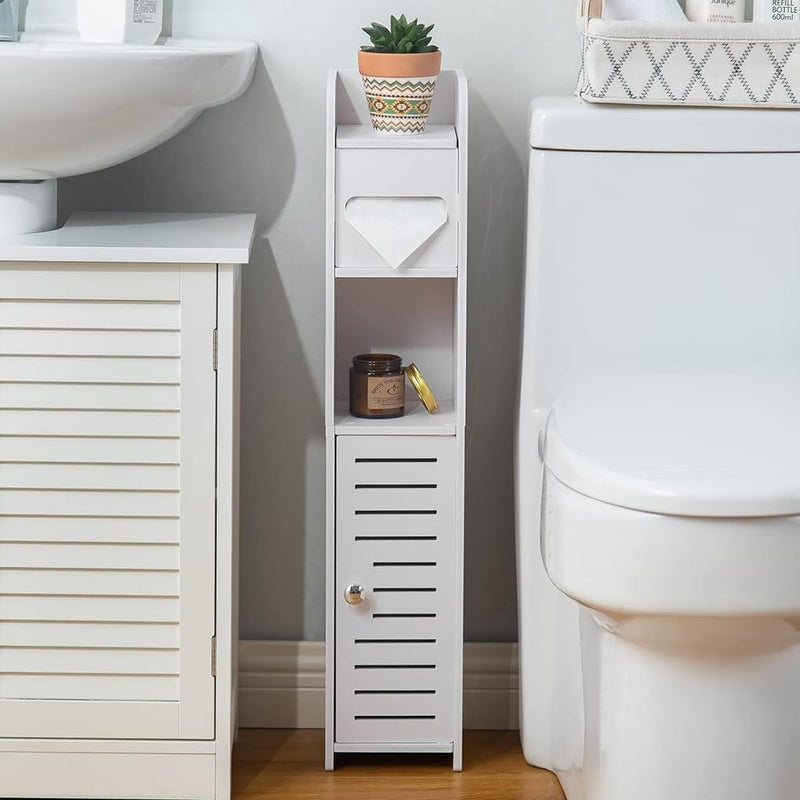 Slim Bathroom Cabinet with Toilet Paper Holder for Laundry Room, White - alternate angle