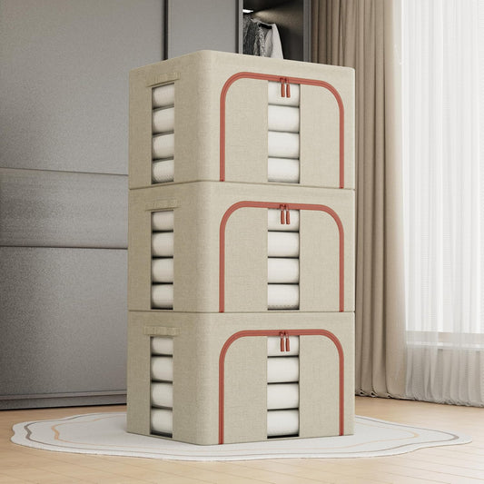 3 Pack Large Clothes Storage Bins with Lids and Clear Windows, Beige - main product image