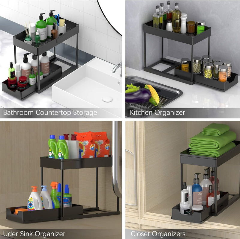 2 Pack Under Sink Organiser 2 Tier Sliding Drawer Storage, Black - detail view