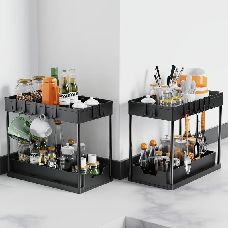 2 Pack Under Sink Organiser 2 Tier Sliding Drawer Storage, Black - size and scale view
