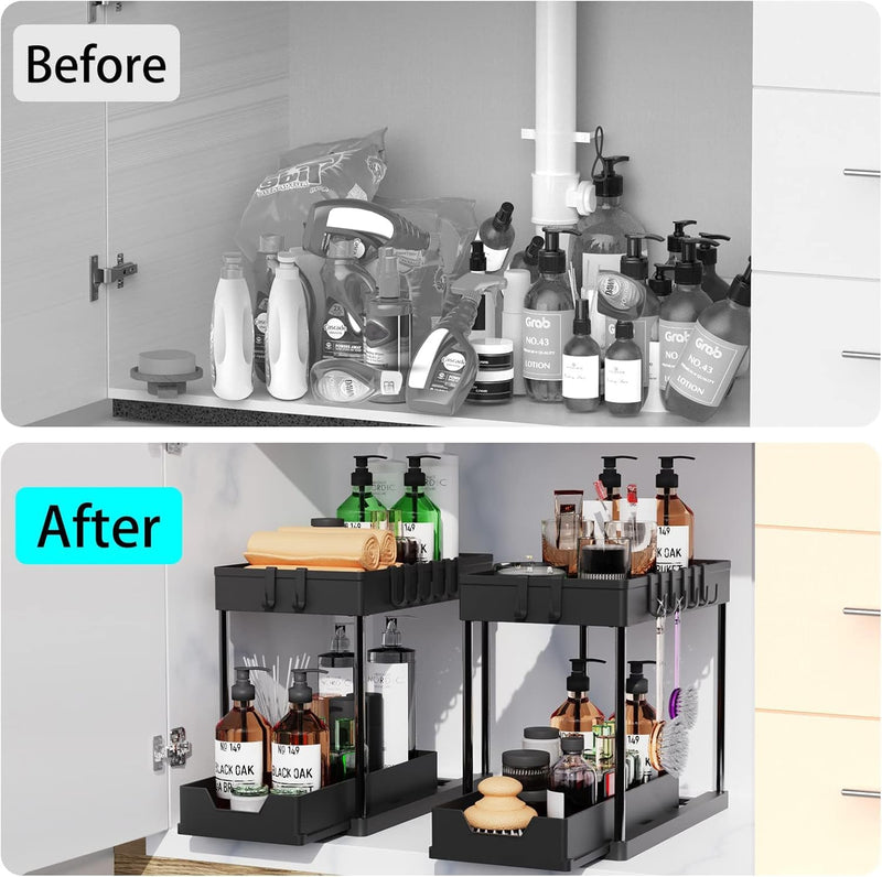 2 Pack Under Sink Organiser 2 Tier Sliding Drawer Storage, Black - additional product view