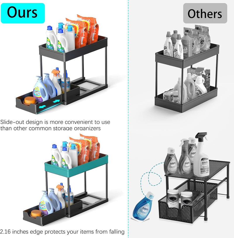 2 Pack Under Sink Organiser 2 Tier Sliding Drawer Storage