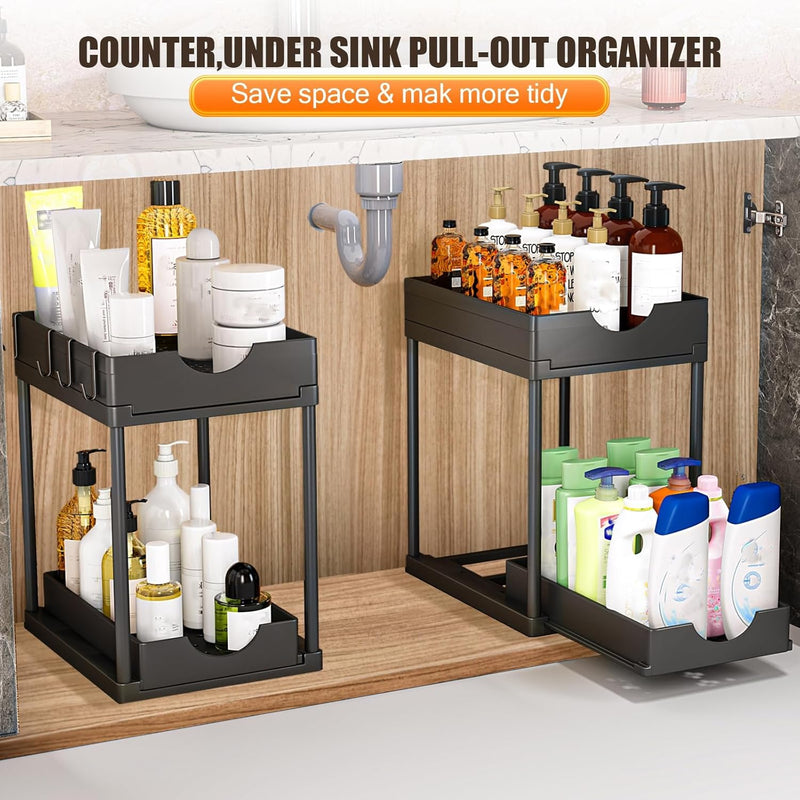 2 Pack Under Sink Organiser 2 Tier Sliding Drawer Storage