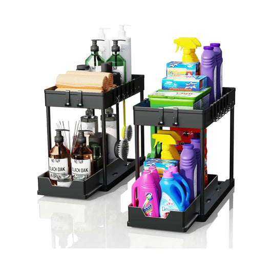 2 Pack Under Sink Organiser 2 Tier Sliding Drawer Storage, Black - main product image