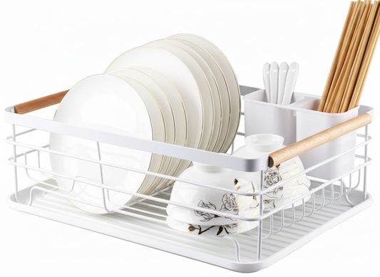 Dish Drying Rack with Wooden Handles, Drainboard & Cutlery Holder, White - main product image