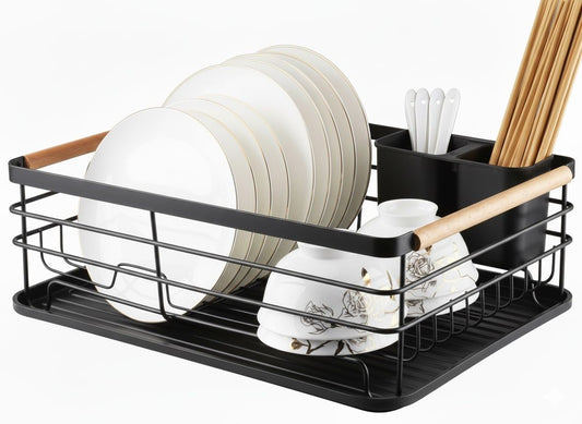 Dish Drying Rack with Wooden Handles, Drainboard & Cutlery Holder, Black - main product image